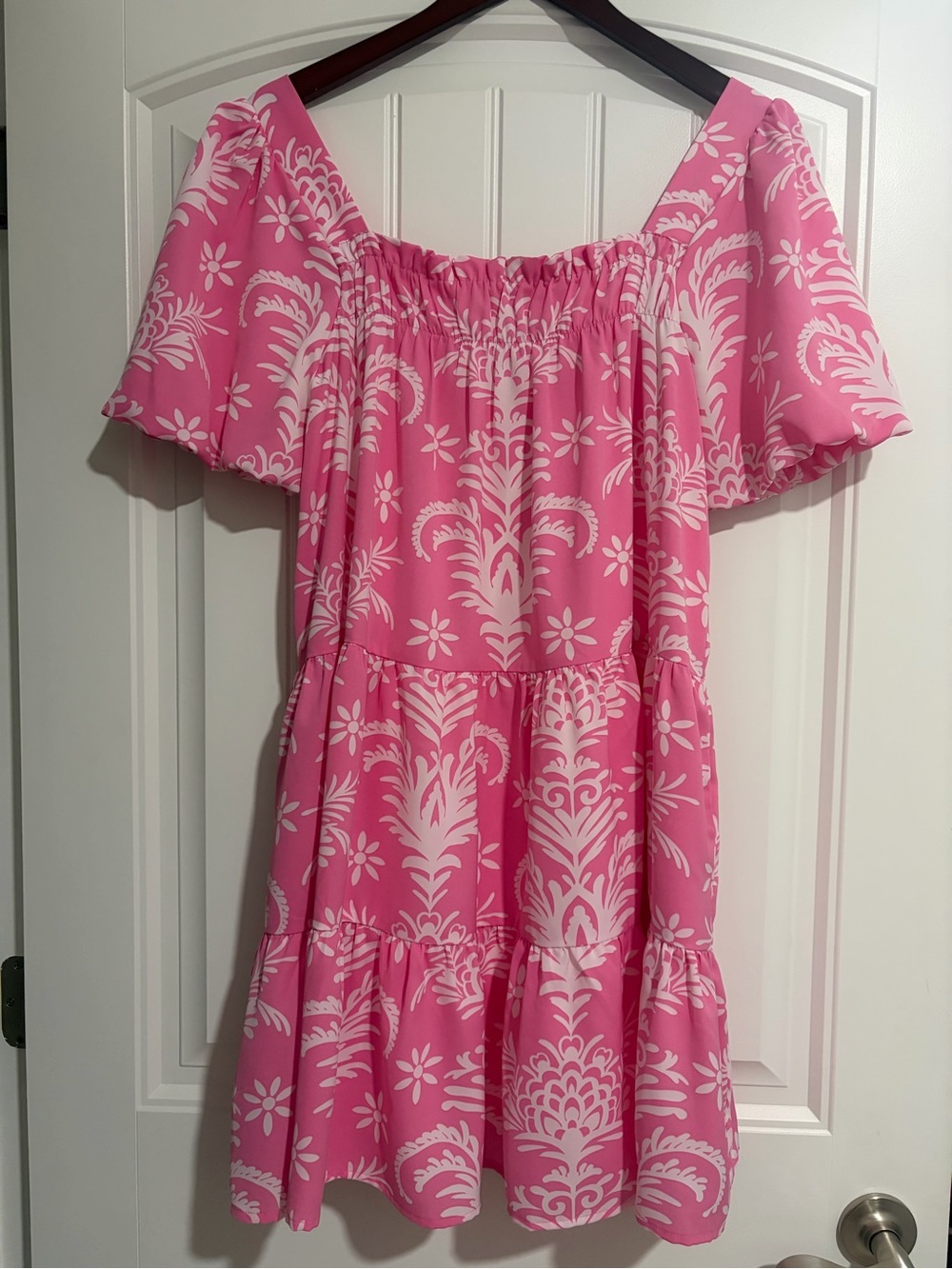 Joy Joy Pink and White Floral Smocked Neck Tiered Dress